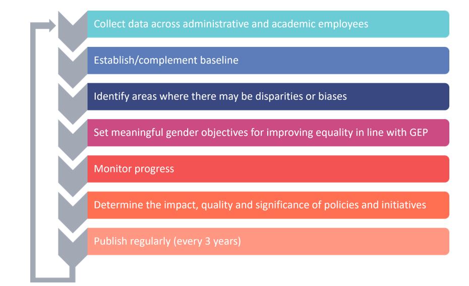 Summary of the different steps of collecting, monitoring, and publishing gender-disaggregated data within research performing or funding institutions.